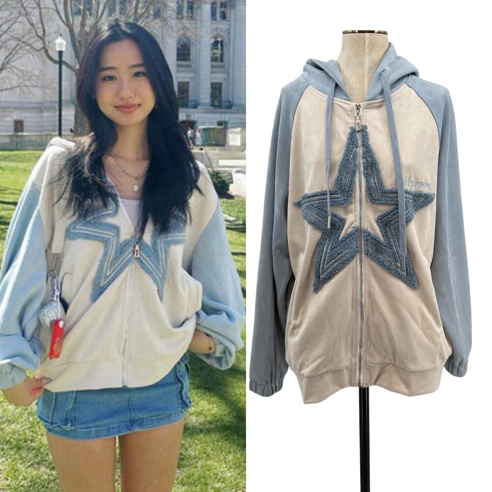 Aelfric‎ Eden Star Patchwork Zip Hoodie Blue Beige Suede Streetwear Size Medium